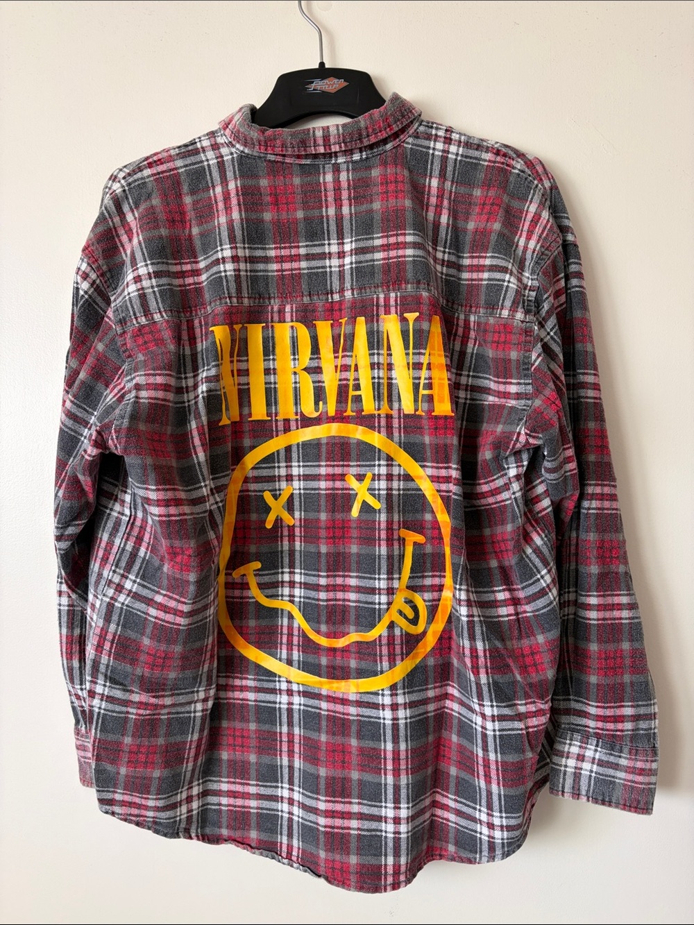 NIRVANA Red, Gray & White Plaid Flannel Shirt with Yellow Band Logo